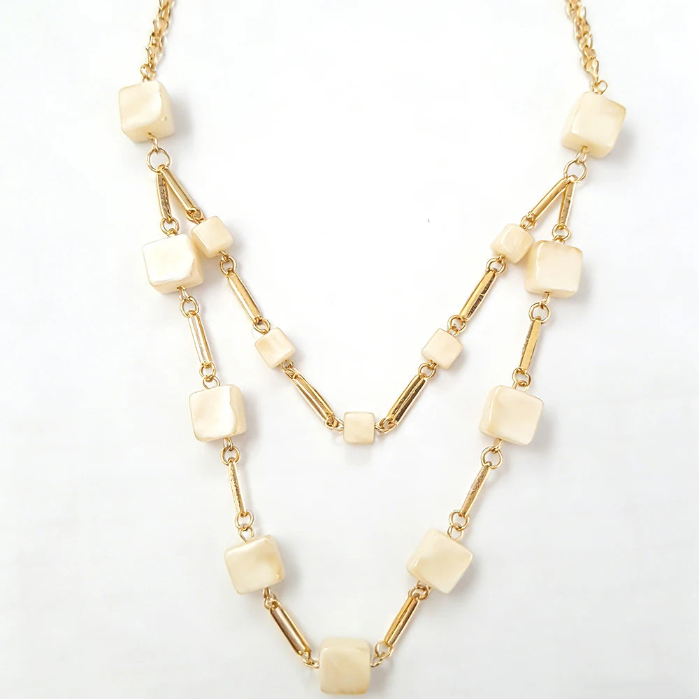 Two-Tiered Square Bead Layered Necklace (3 Colors) Handcrafted Geometric Design, Adjustable Chain for Women’s Daily & Casual