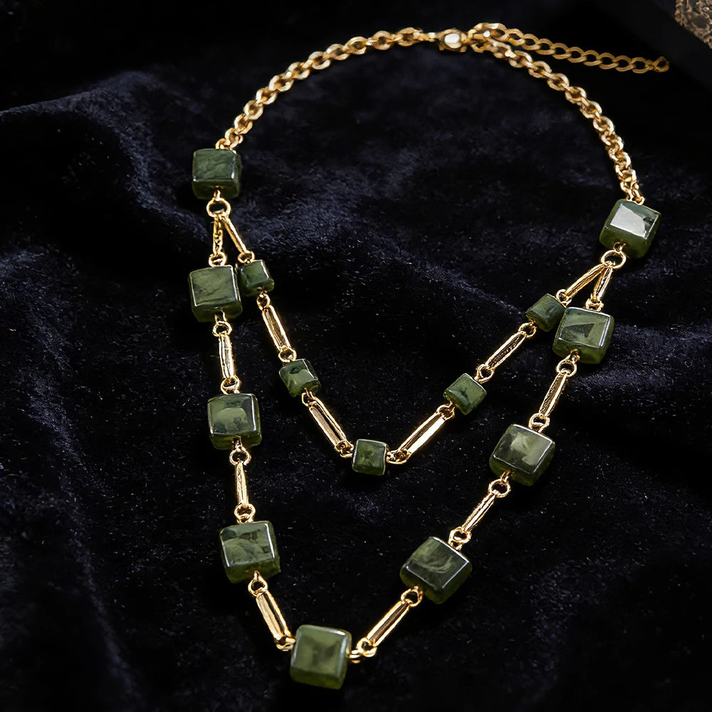 Two-Tiered Square Bead Layered Necklace (3 Colors) Handcrafted Geometric Design, Adjustable Chain for Women’s Daily & Casual
