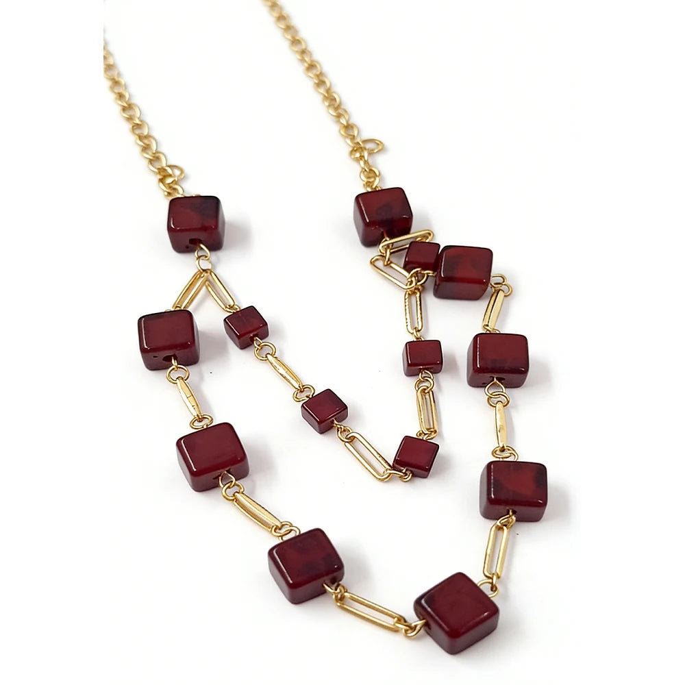 Two-Tiered Square Bead Layered Necklace (3 Colors) Handcrafted Geometric Design, Adjustable Chain for Women’s Daily & Casual