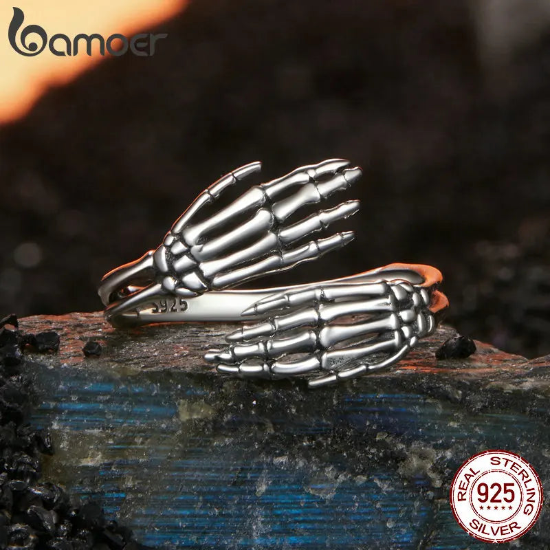 BAMOER Skull Hand Hug Ring Earrrings, 925 Sterling Silver Vintage Hug Jewellry for Women Retro Fine Jewelry Birthday Gift