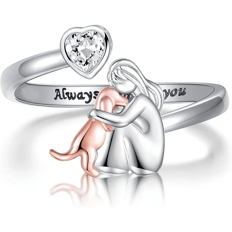 Huitan Two Tone Lady Dog Hug Ring for Women "Always with you" Engraved Pet Lover Open Rings Mother's Day Gift Statement Jewelry