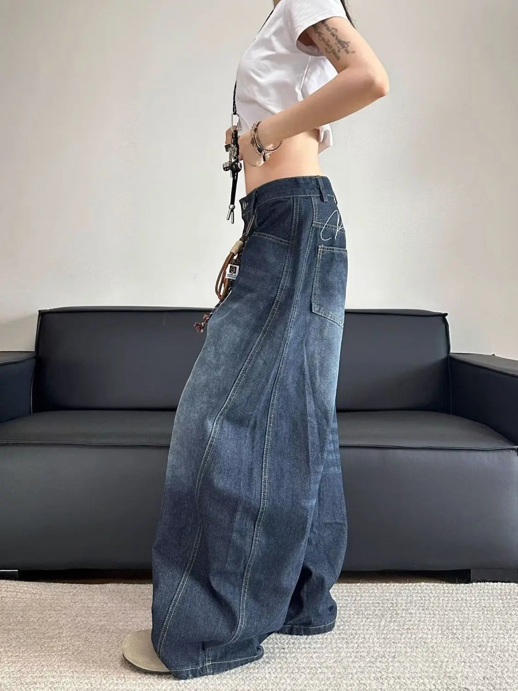 Stylish Chic Elegant Embroidered Patchwork Jeans Women Vintage Washed Draping Denim Straight Loose Fit Slimming Versatile Pants