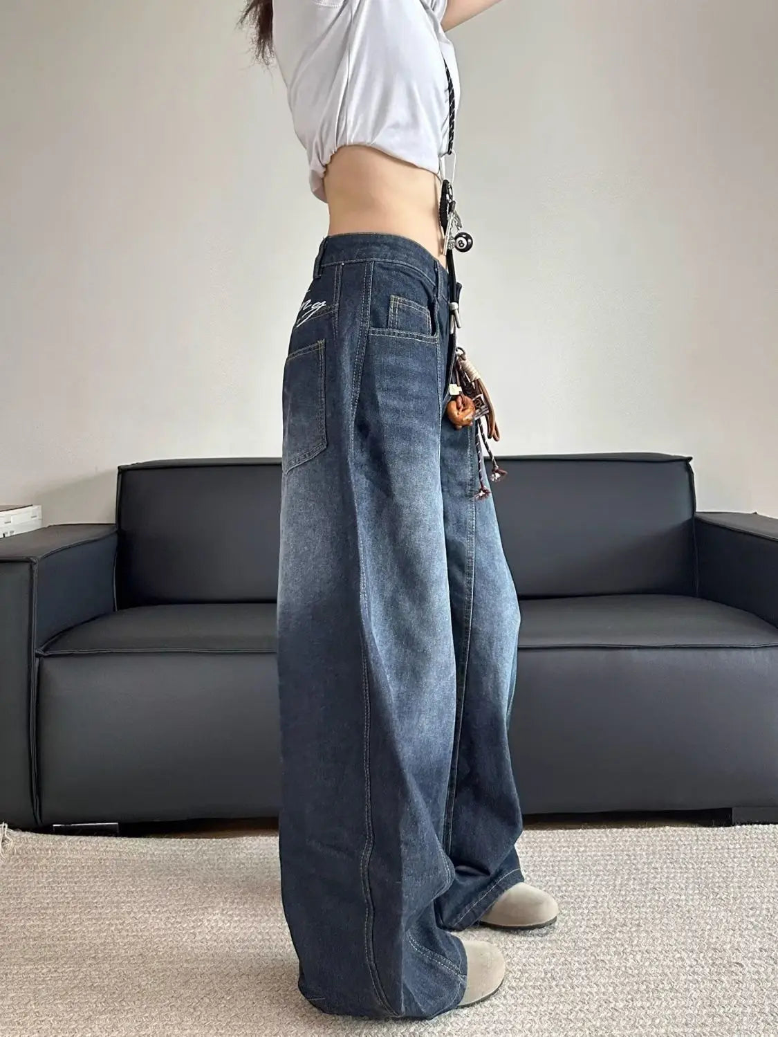 Stylish Chic Elegant Embroidered Patchwork Jeans Women Vintage Washed Draping Denim Straight Loose Fit Slimming Versatile Pants