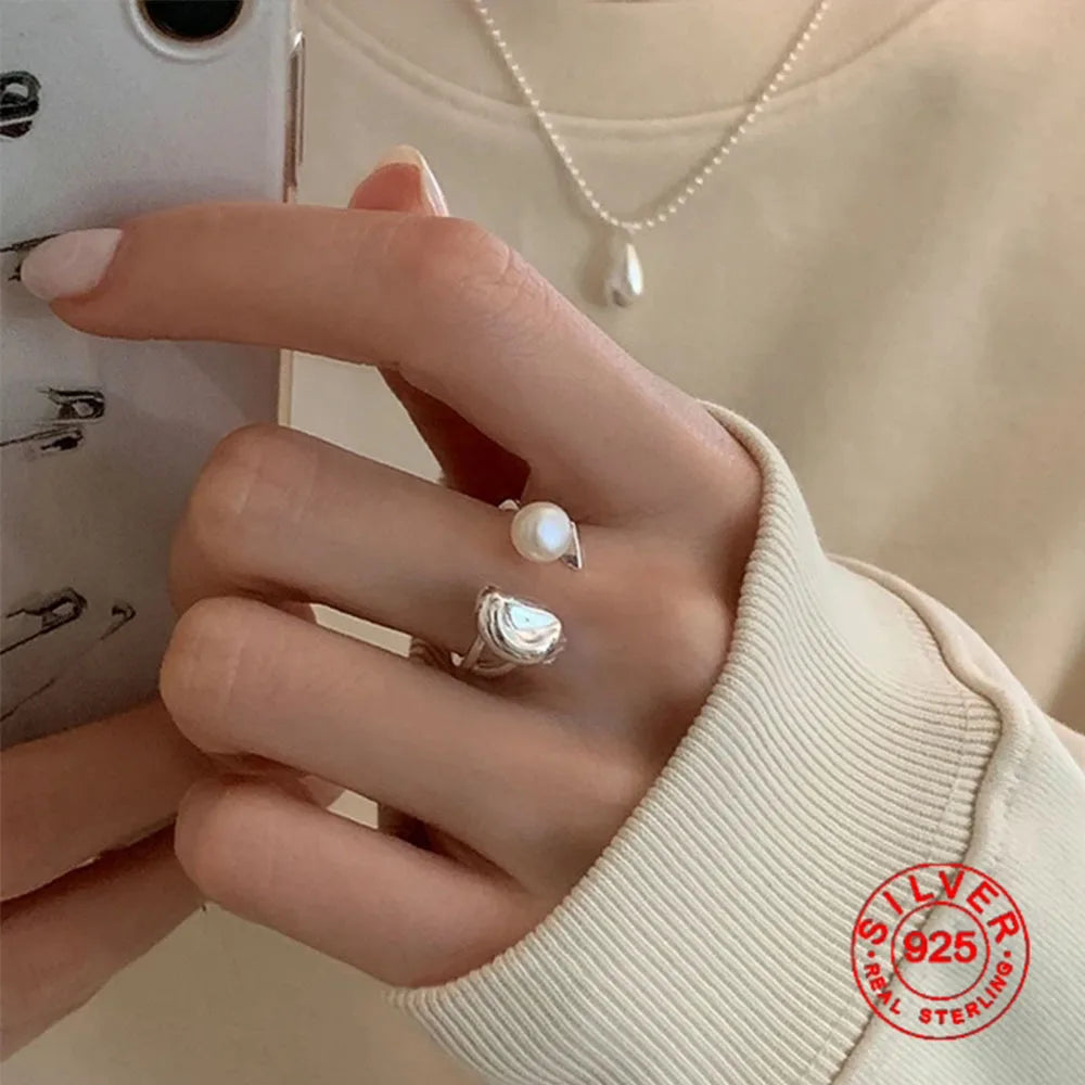BFCLUB  Silver Color Unique Pearl Hug Ring For Women Jewelry Finger Adjustable Open Vintage Ring For Party Birthday Gift