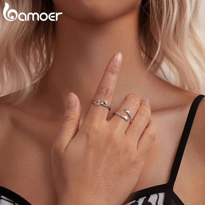 Bamoer Original 925 Sterling Silver Heart Hug Ring Love Star Open Rings Simple  For Women Anniversary Party Gift Fine Jewelry