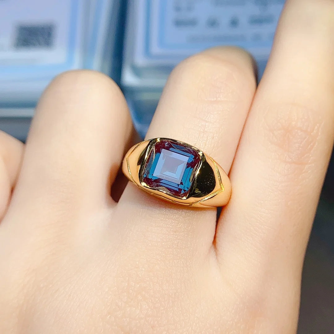 Alexandrite Ring Men's Princess Cut Color Changing Gemstone Ring June Birthstone Ring Sterling Silver Ring Promise Ring