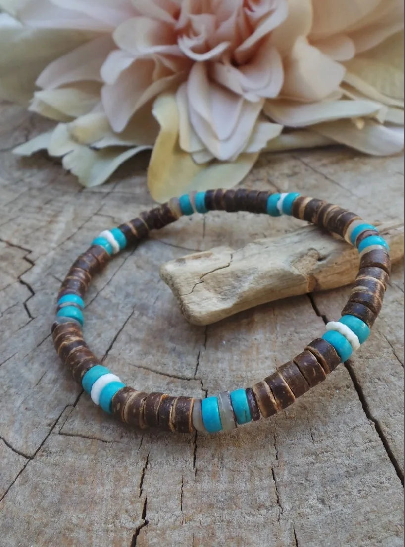 Mens wooden bracelet set. Surfer bracelet men. Coconut bead bracelet