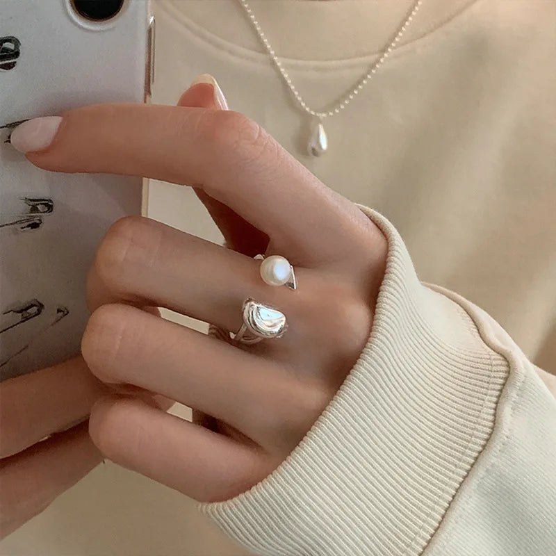 BFCLUB  Silver Color Unique Pearl Hug Ring For Women Jewelry Finger Adjustable Open Vintage Ring For Party Birthday Gift