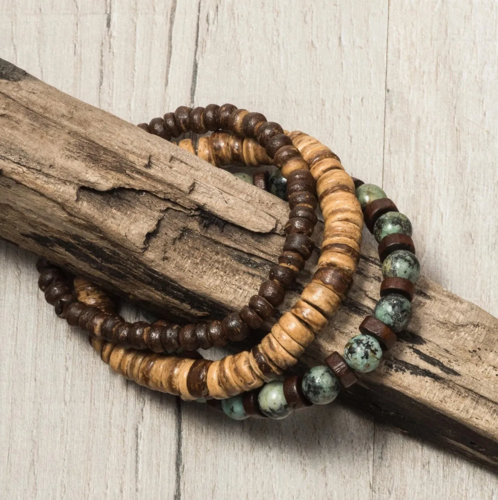 Mens wooden bracelet set. Surfer bracelet men. Coconut bead bracelet