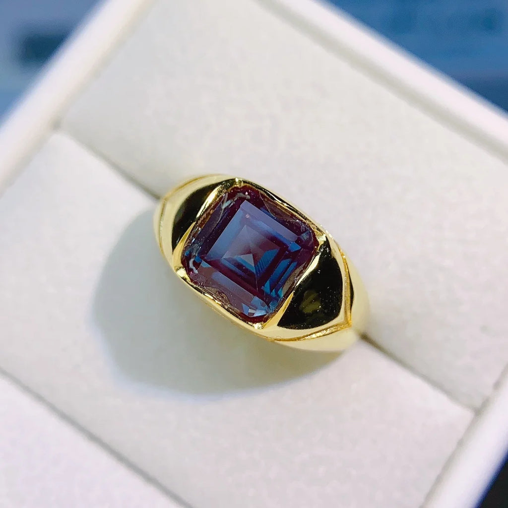 Alexandrite Ring Men's Princess Cut Color Changing Gemstone Ring June Birthstone Ring Sterling Silver Ring Promise Ring
