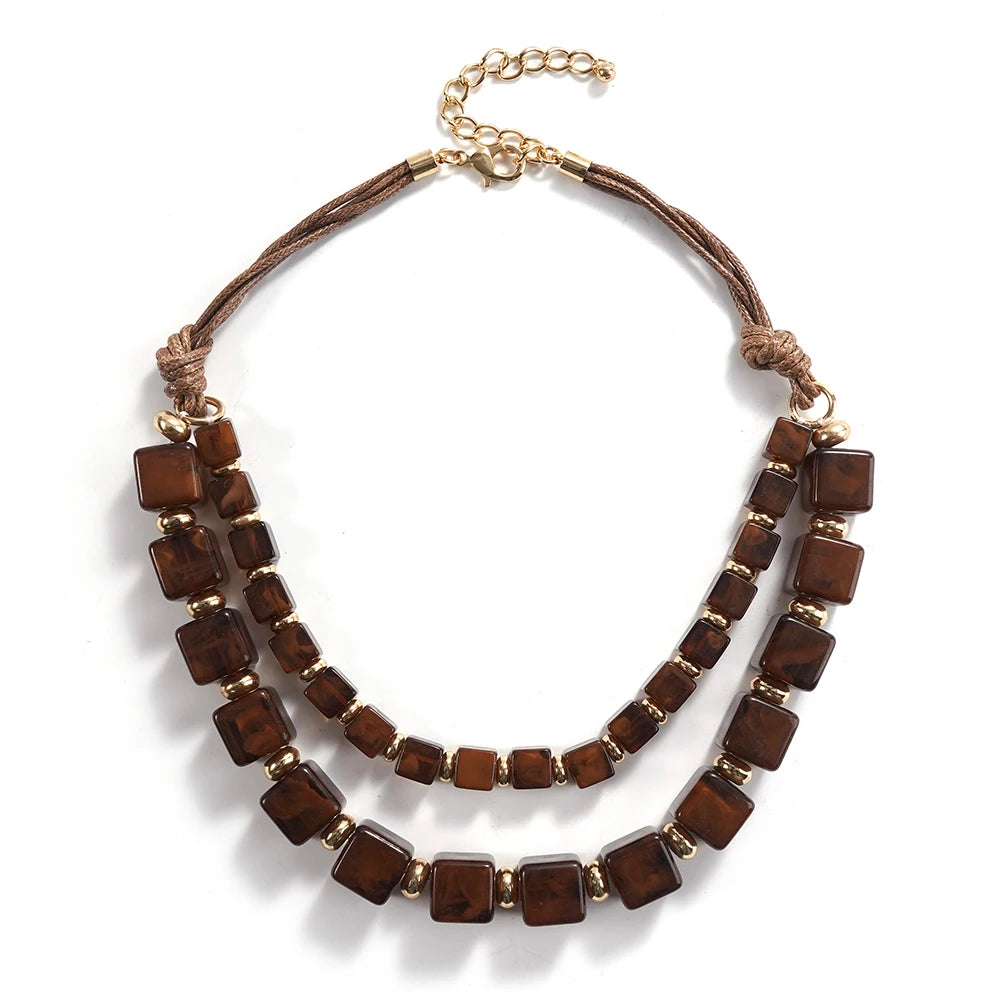 Bohemian Brown Square Bead Multi Layered Necklace Retro Style Gold Alloy Chain Necklace Women Daily Elegant Jewelry