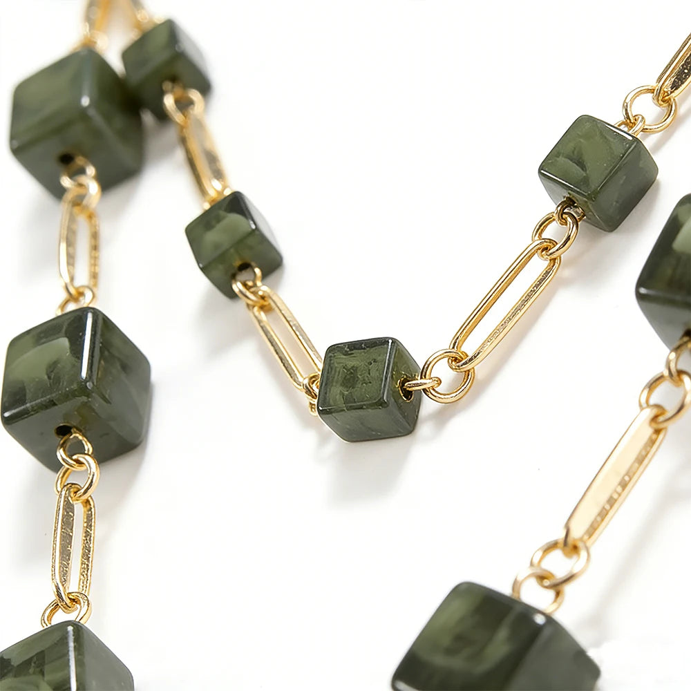 Two-Tiered Square Bead Layered Necklace (3 Colors) Handcrafted Geometric Design, Adjustable Chain for Women’s Daily & Casual