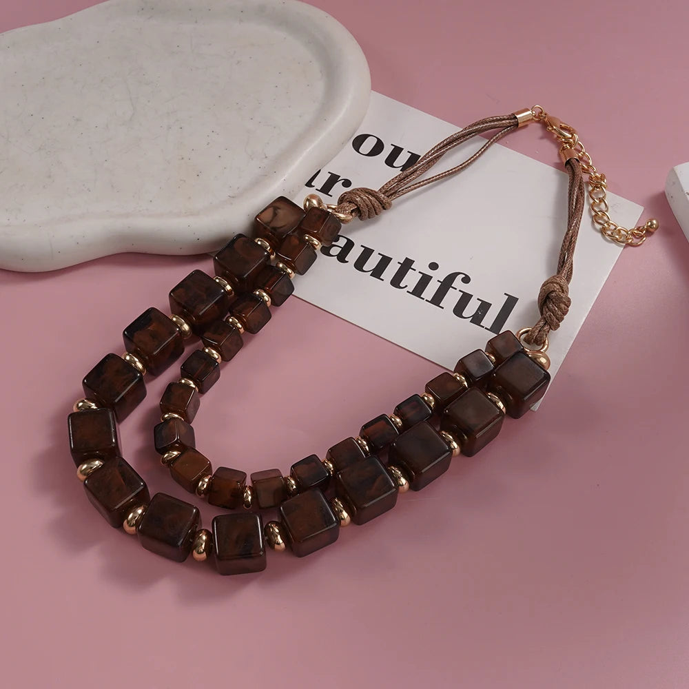 Bohemian Brown Square Bead Multi Layered Necklace Retro Style Gold Alloy Chain Necklace Women Daily Elegant Jewelry