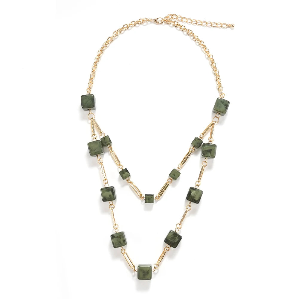 Two-Tiered Square Bead Layered Necklace (3 Colors) Handcrafted Geometric Design, Adjustable Chain for Women’s Daily & Casual