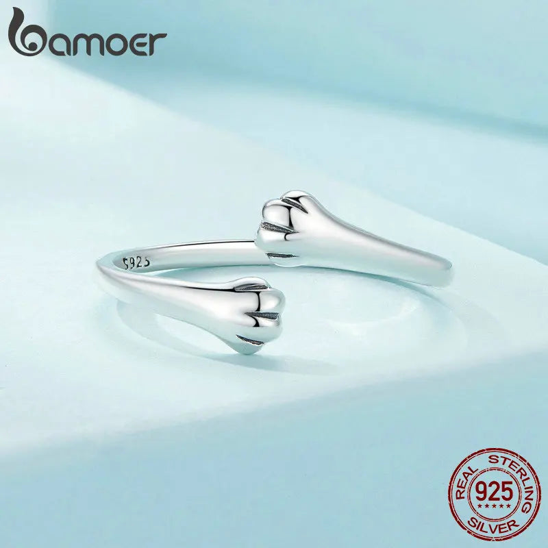BAMOER 925 Sterling Silver Cute Cat Paw Ring, Adjustable Cat Hug Ring Fashion Jewelry for Pet Lover Chic Gift SCR961
