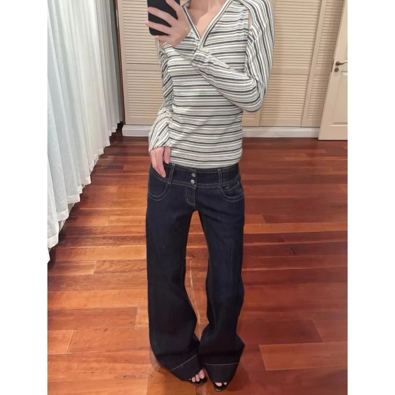 Women's American Blue Button Design Jeans Low Waist Straight Leg Loose Wide Leg Drapey Long Pants Y2K Style Slimming Denim