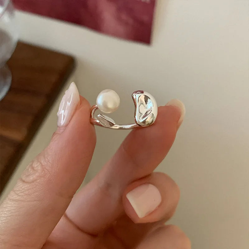 BFCLUB  Silver Color Unique Pearl Hug Ring For Women Jewelry Finger Adjustable Open Vintage Ring For Party Birthday Gift