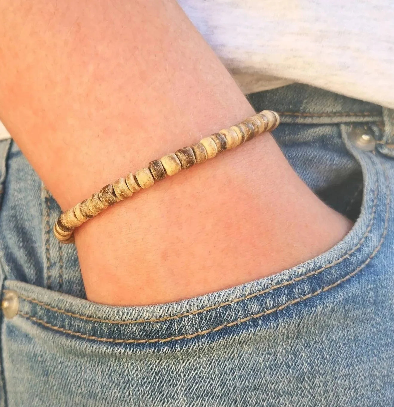 Mens wooden bracelet set. Surfer bracelet men. Coconut bead bracelet
