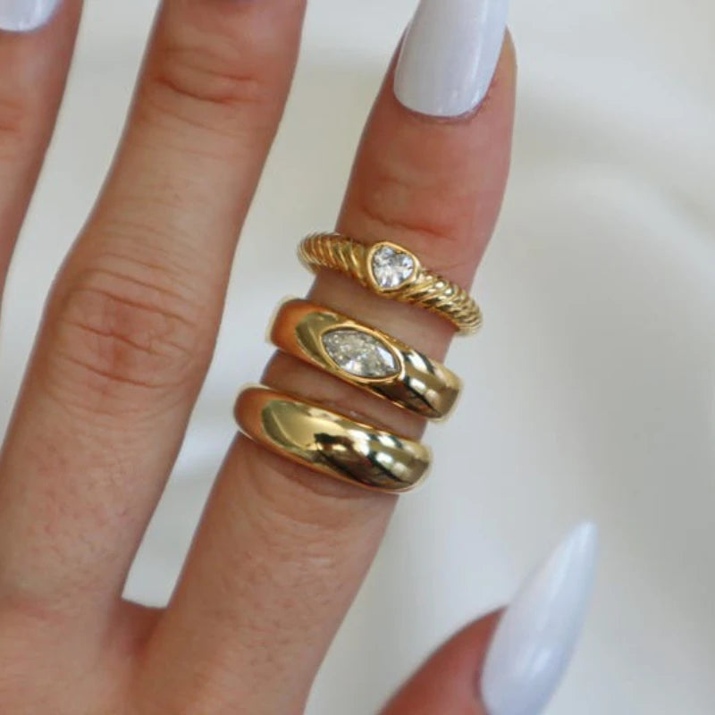 3Pcs Chunky Heart Zirconia Ring, Statement Ring, Dome Ring, Gift for Her, Boho Rings, Stackable Ring, Vintage Style Ring