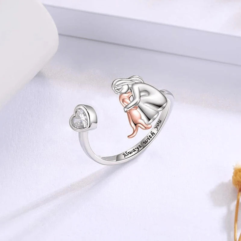 Huitan Two Tone Lady Dog Hug Ring for Women "Always with you" Engraved Pet Lover Open Rings Mother's Day Gift Statement Jewelry
