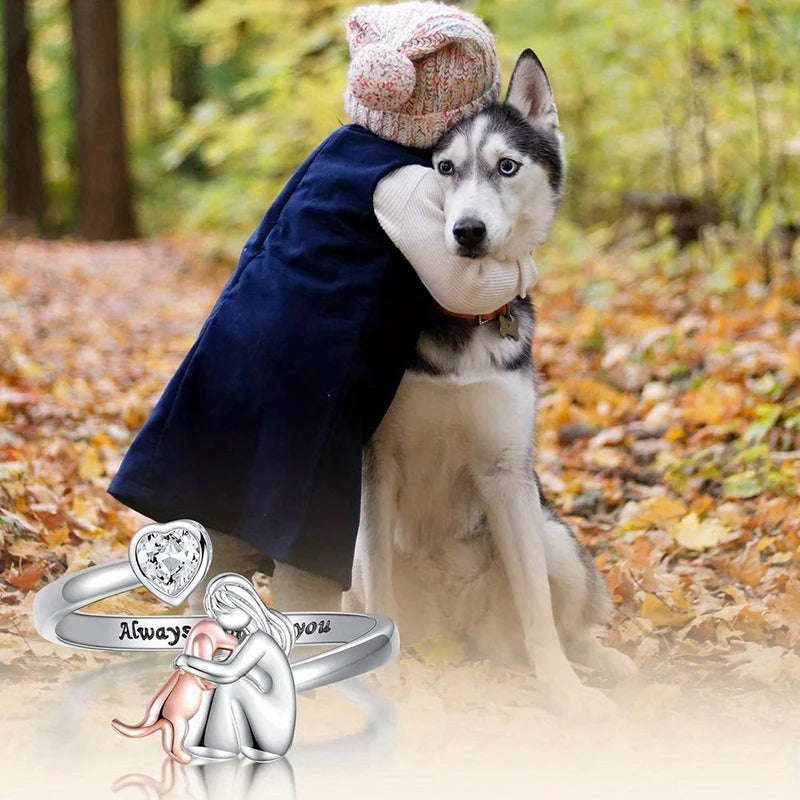 Huitan Two Tone Lady Dog Hug Ring for Women "Always with you" Engraved Pet Lover Open Rings Mother's Day Gift Statement Jewelry