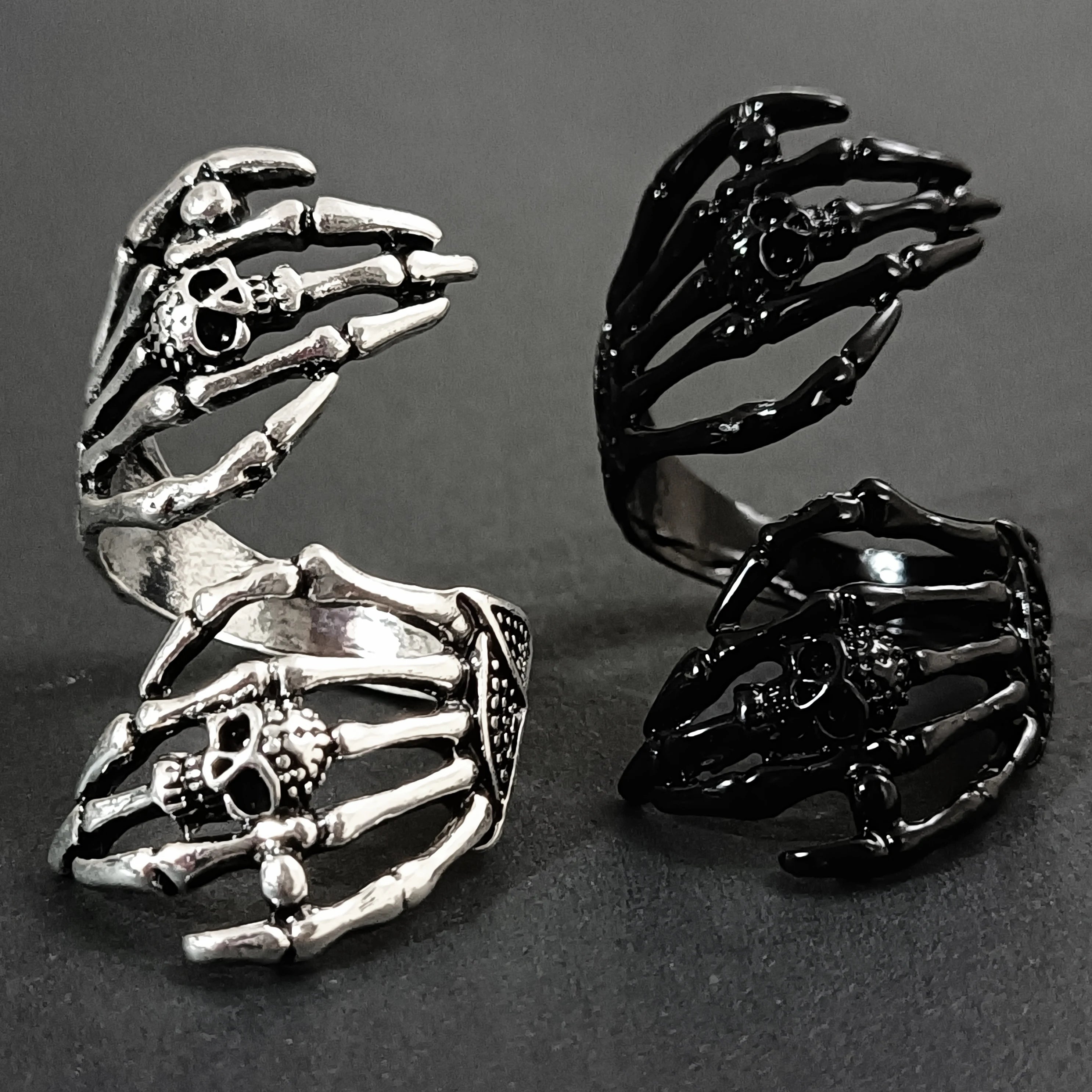 Vintage Silver Color Exaggerated Skeleton Hug Ring for Men Women Punk Adjustable Opening Ring Retro Jewelry Gift Dropshipping