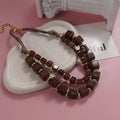 Bohemian Brown Square Bead Multi Layered Necklace Retro Style Gold Alloy Chain Necklace Women Daily Elegant Jewelry