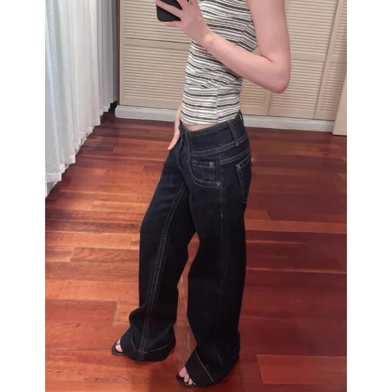 Women's American Blue Button Design Jeans Low Waist Straight Leg Loose Wide Leg Drapey Long Pants Y2K Style Slimming Denim