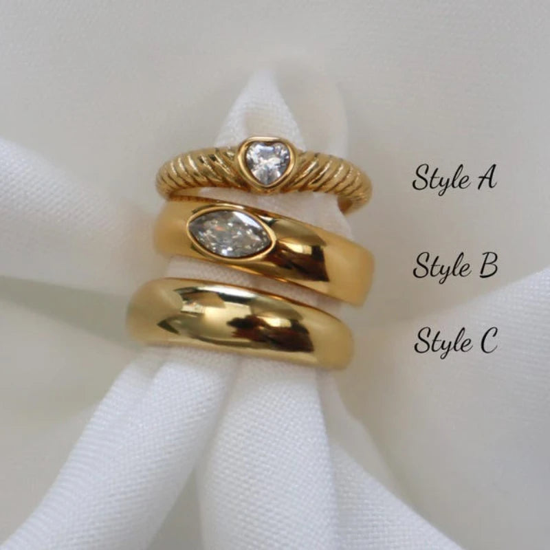 3Pcs Chunky Heart Zirconia Ring, Statement Ring, Dome Ring, Gift for Her, Boho Rings, Stackable Ring, Vintage Style Ring