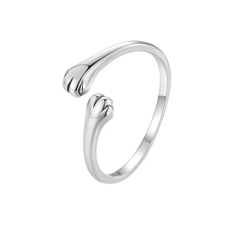 BAMOER 925 Sterling Silver Cute Cat Paw Ring, Adjustable Cat Hug Ring Fashion Jewelry for Pet Lover Chic Gift SCR961