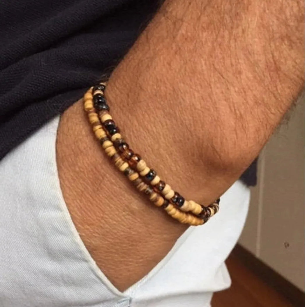 Mens wooden bracelet set. Surfer bracelet men. Coconut bead bracelet