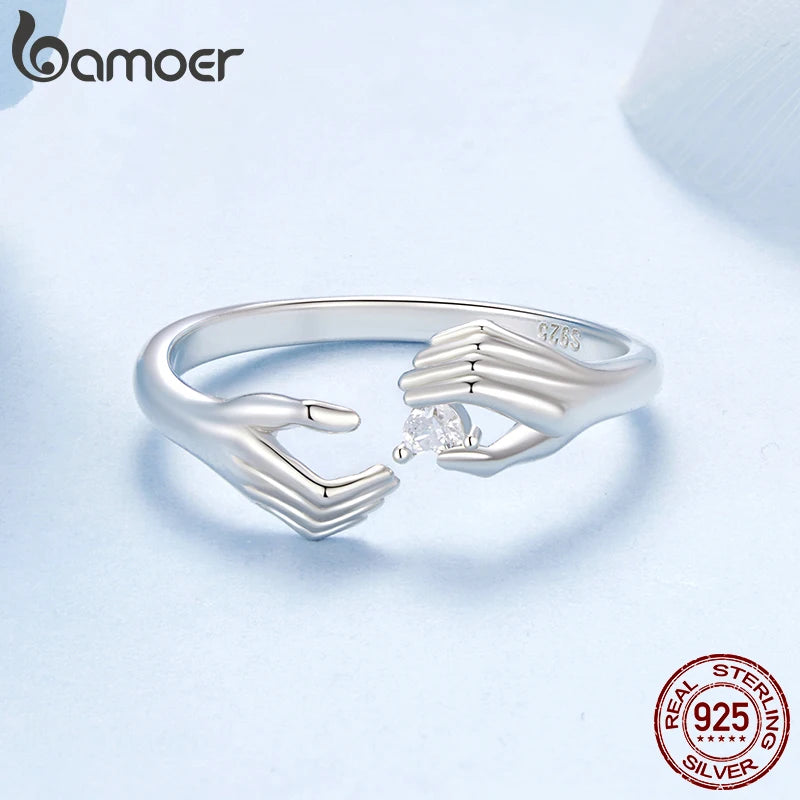 Bamoer Original 925 Sterling Silver Heart Hug Ring Love Star Open Rings Simple  For Women Anniversary Party Gift Fine Jewelry
