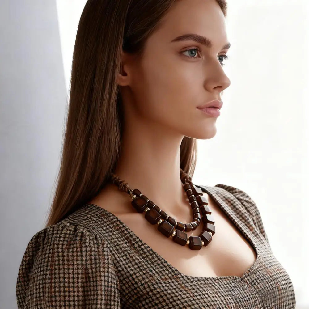 Bohemian Brown Square Bead Multi Layered Necklace Retro Style Gold Alloy Chain Necklace Women Daily Elegant Jewelry