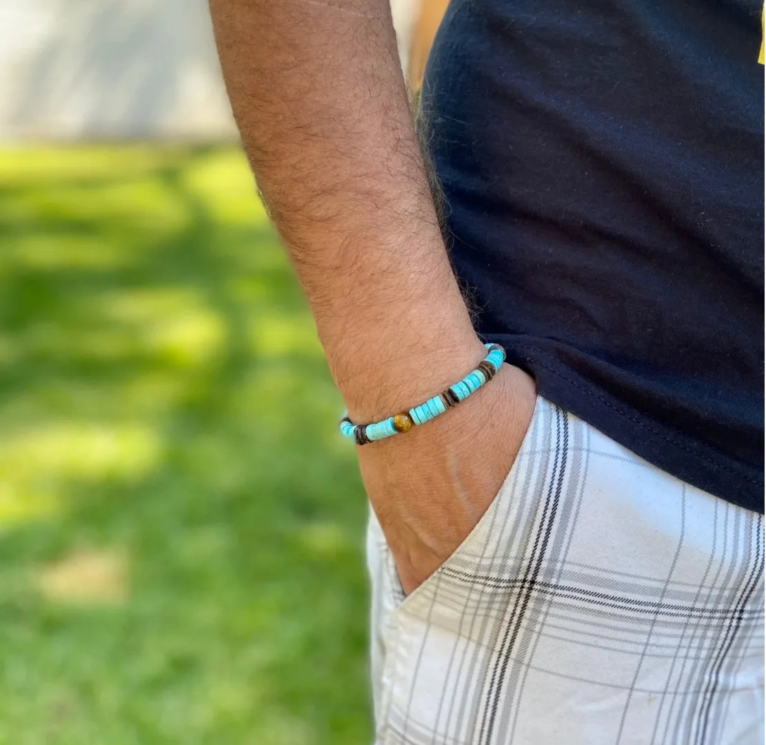 Mens wooden bracelet set. Surfer bracelet men. Coconut bead bracelet