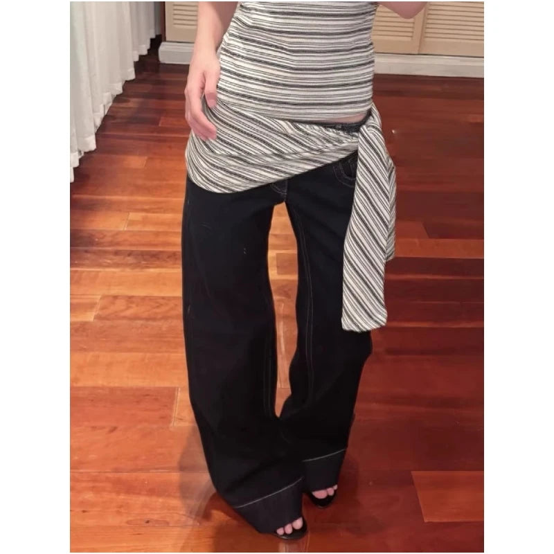 Women's American Blue Button Design Jeans Low Waist Straight Leg Loose Wide Leg Drapey Long Pants Y2K Style Slimming Denim