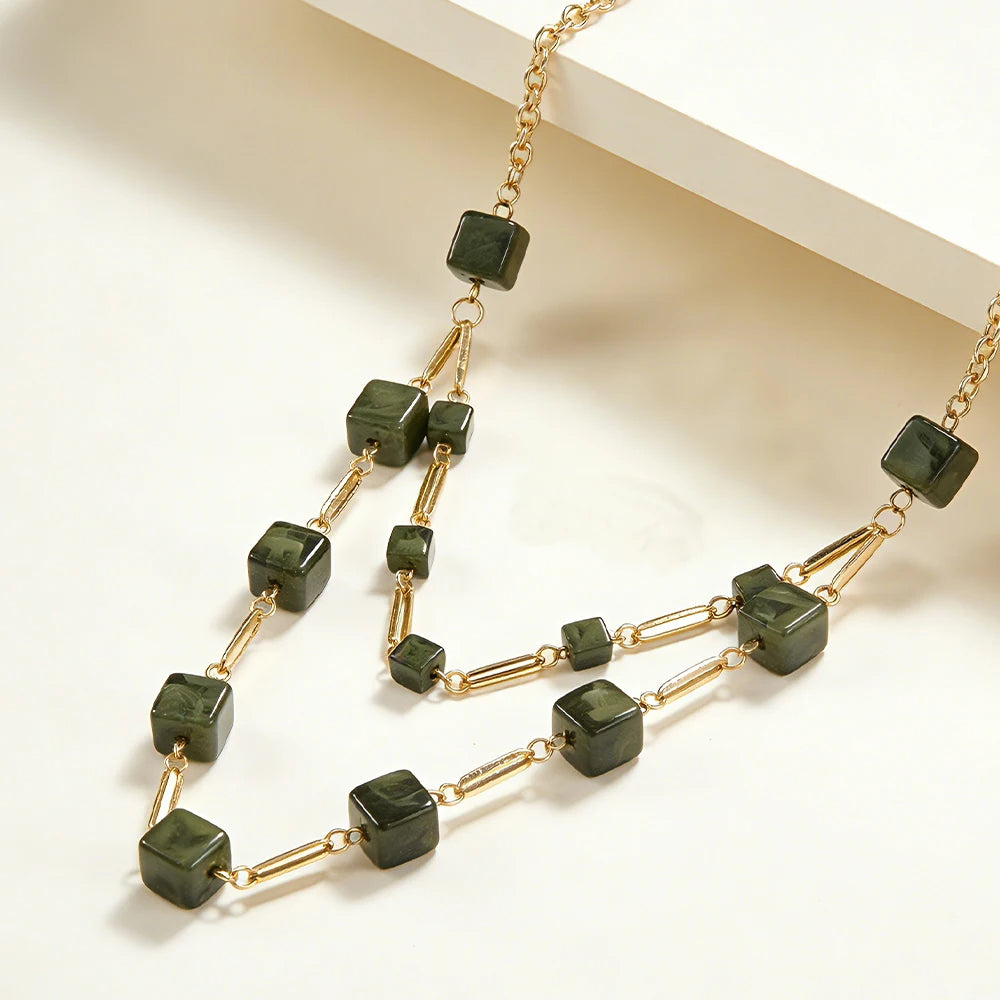 Two-Tiered Square Bead Layered Necklace (3 Colors) Handcrafted Geometric Design, Adjustable Chain for Women’s Daily & Casual