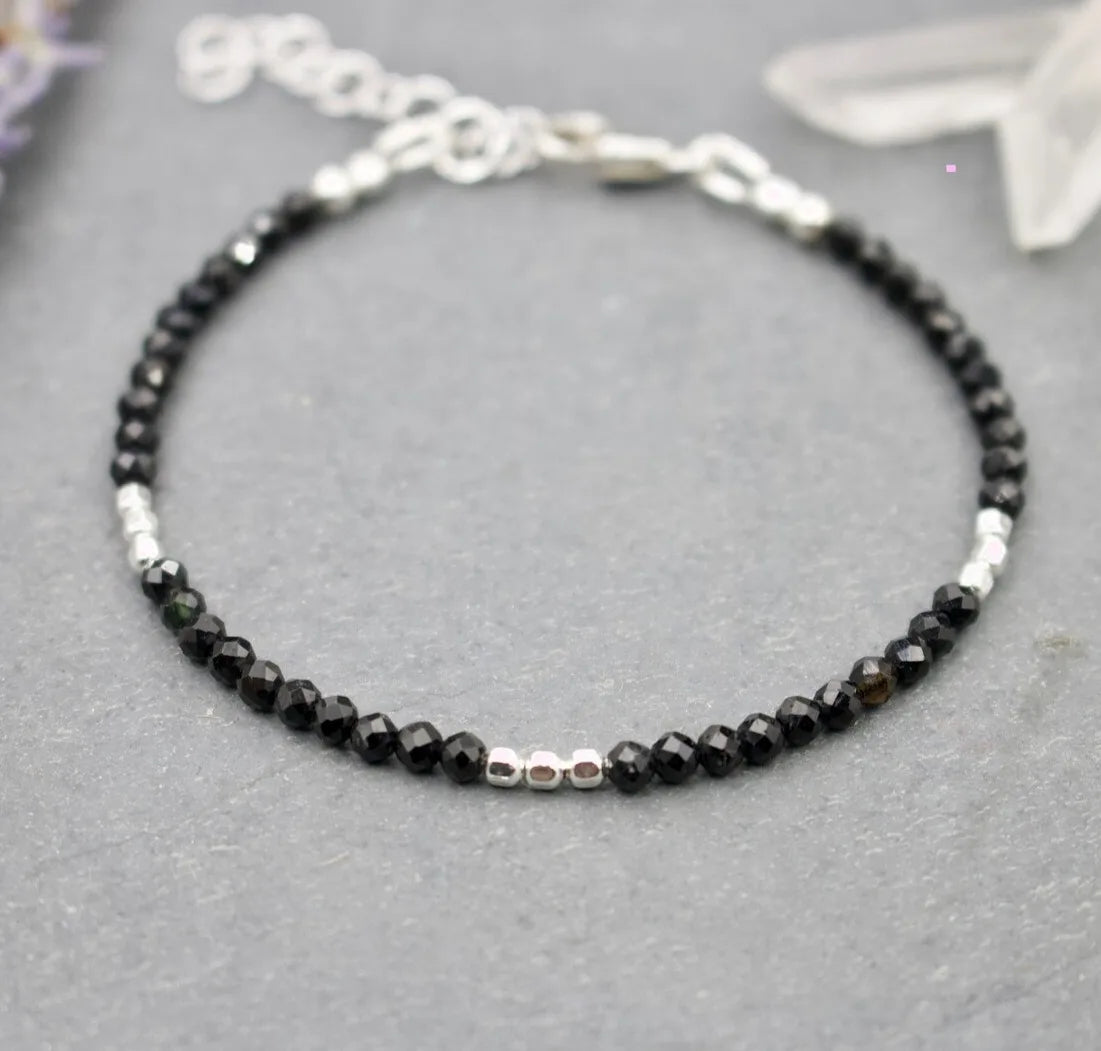 Sleeping Beauty Turquoise Bracelet, Black Spinel Bracelet, Birthstone Bracelet, Beaded Gemstone Bracelet