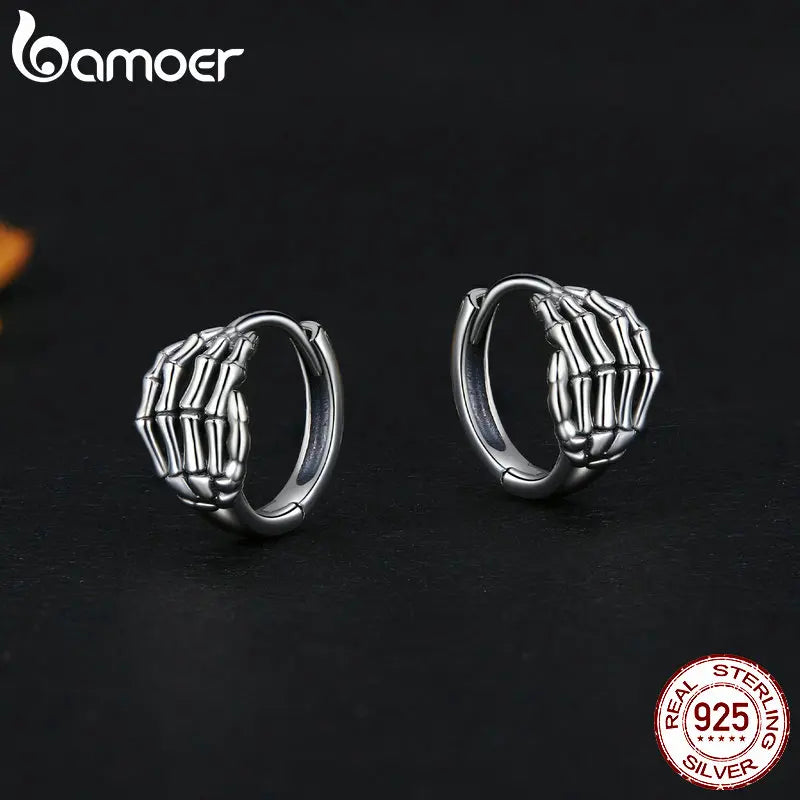 BAMOER Skull Hand Hug Ring Earrrings, 925 Sterling Silver Vintage Hug Jewellry for Women Retro Fine Jewelry Birthday Gift