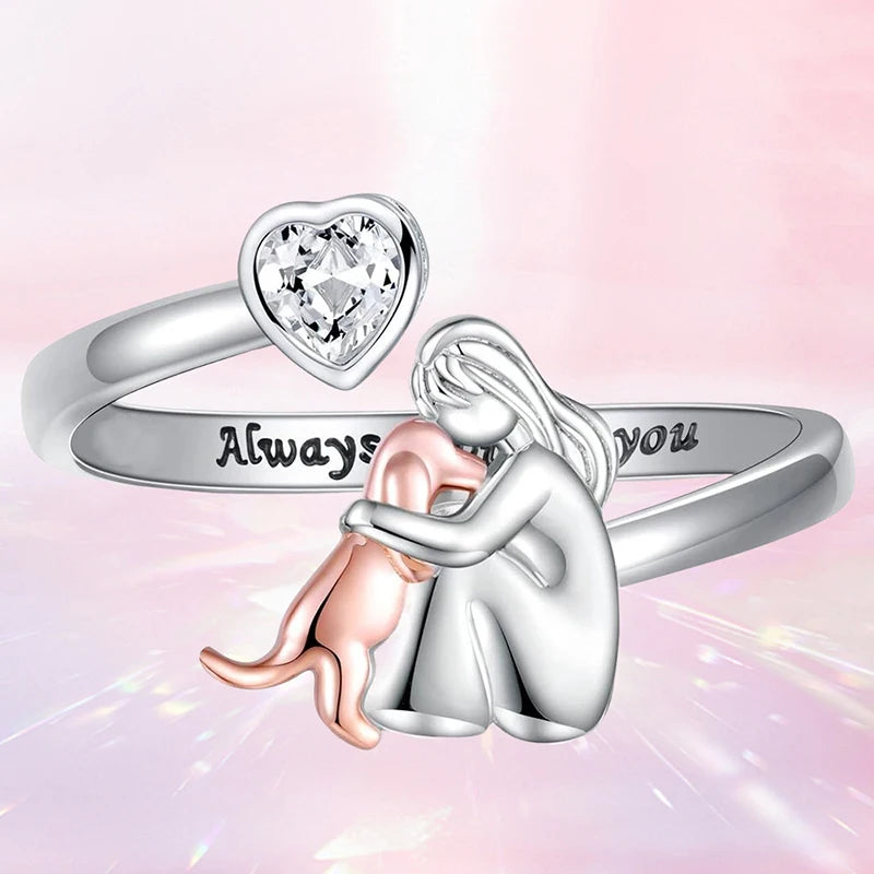 Huitan Two Tone Lady Dog Hug Ring for Women "Always with you" Engraved Pet Lover Open Rings Mother's Day Gift Statement Jewelry