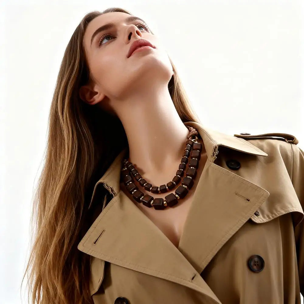 Bohemian Brown Square Bead Multi Layered Necklace Retro Style Gold Alloy Chain Necklace Women Daily Elegant Jewelry