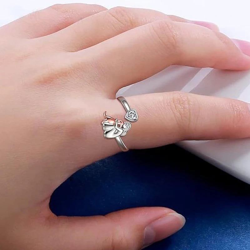 Huitan Two Tone Lady Dog Hug Ring for Women "Always with you" Engraved Pet Lover Open Rings Mother's Day Gift Statement Jewelry