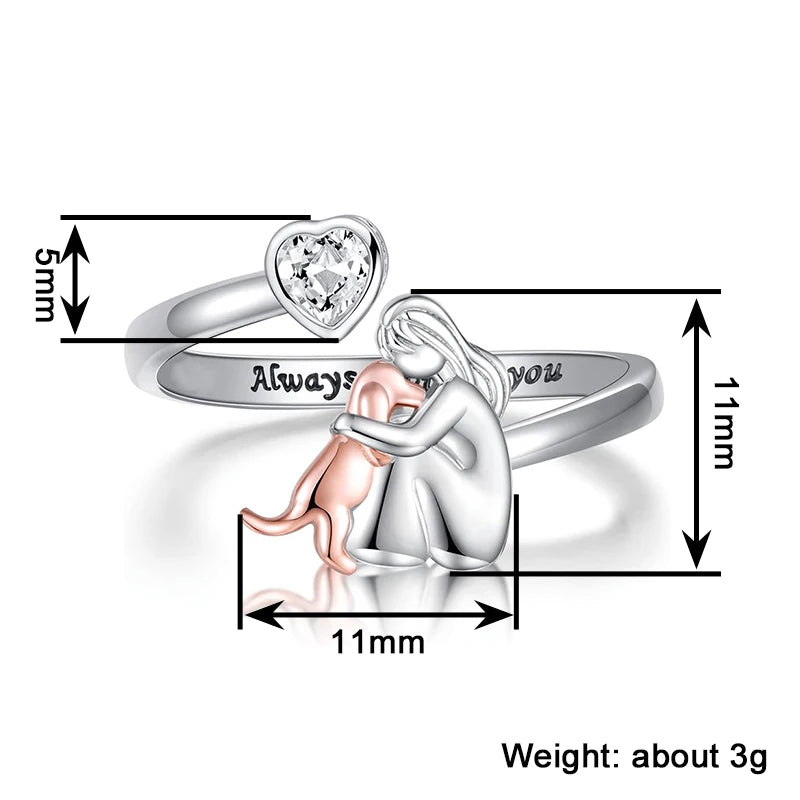 Huitan Two Tone Lady Dog Hug Ring for Women "Always with you" Engraved Pet Lover Open Rings Mother's Day Gift Statement Jewelry