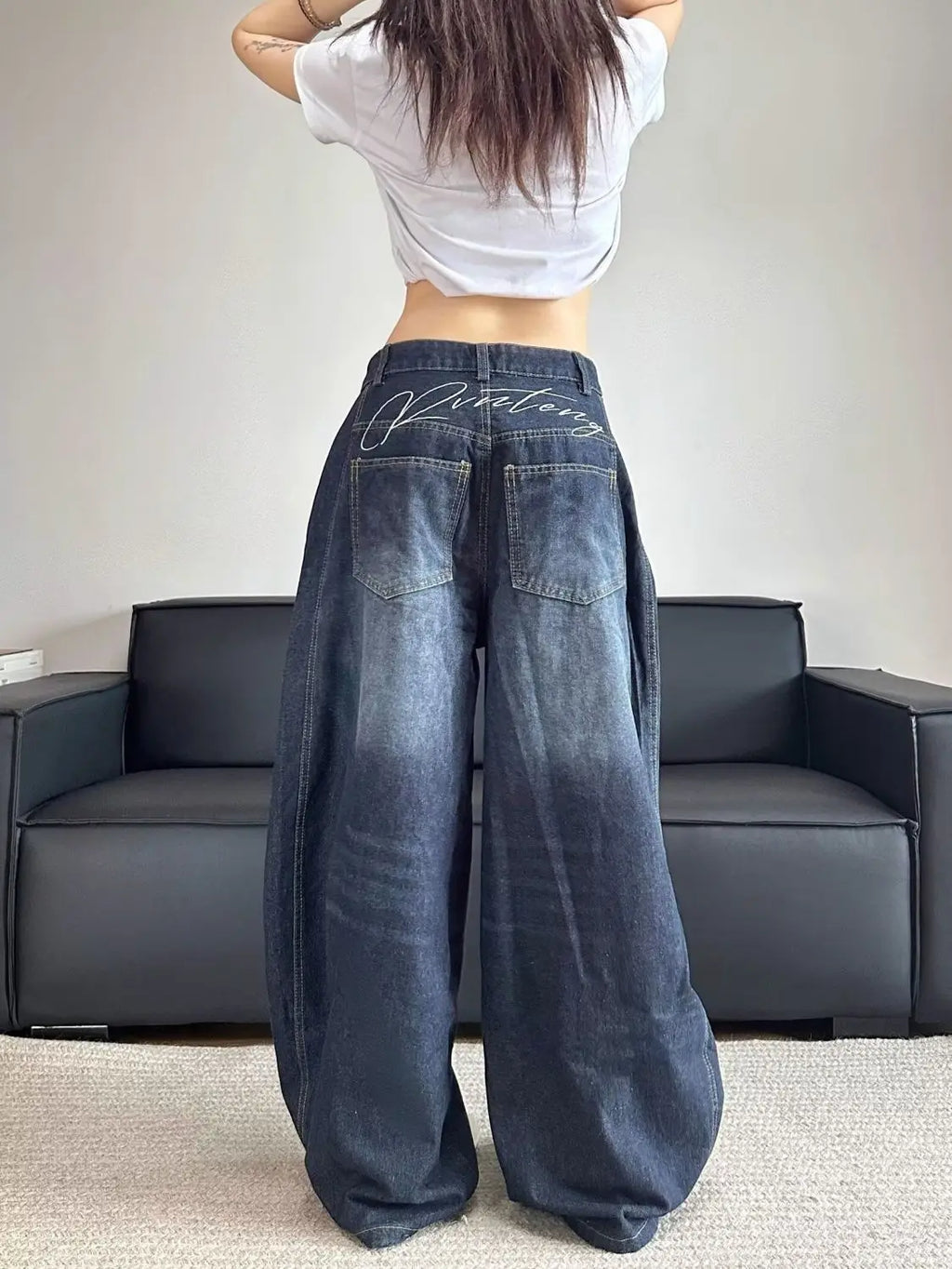 Stylish Chic Elegant Embroidered Patchwork Jeans Women Vintage Washed Draping Denim Straight Loose Fit Slimming Versatile Pants