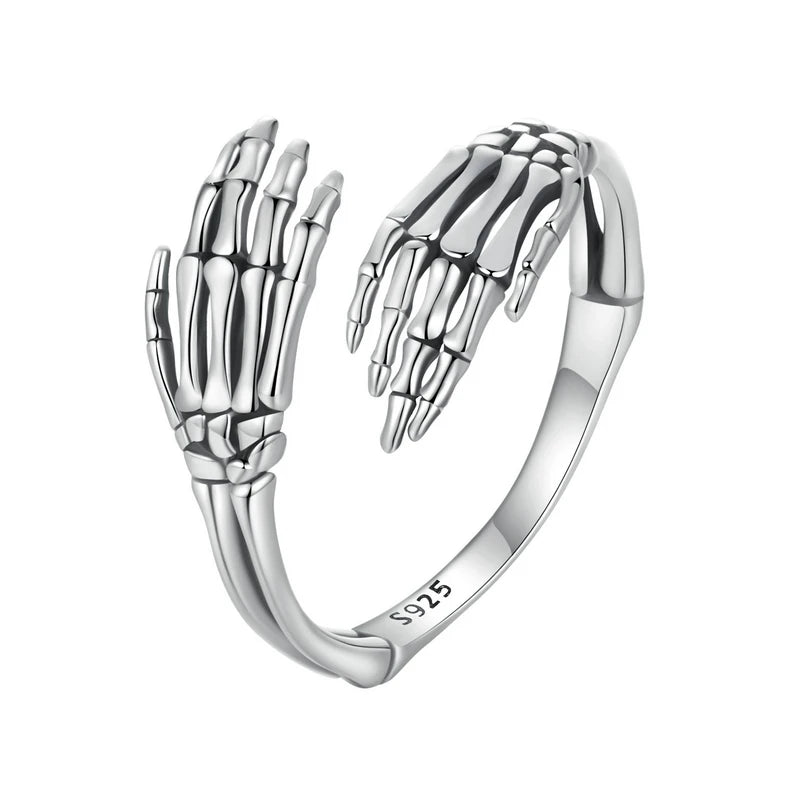 BAMOER Skull Hand Hug Ring Earrrings, 925 Sterling Silver Vintage Hug Jewellry for Women Retro Fine Jewelry Birthday Gift