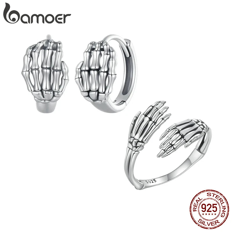 BAMOER Skull Hand Hug Ring Earrrings, 925 Sterling Silver Vintage Hug Jewellry for Women Retro Fine Jewelry Birthday Gift