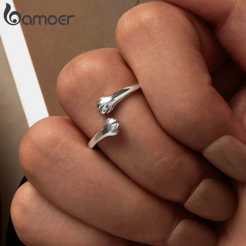 BAMOER 925 Sterling Silver Cute Cat Paw Ring, Adjustable Cat Hug Ring Fashion Jewelry for Pet Lover Chic Gift SCR961