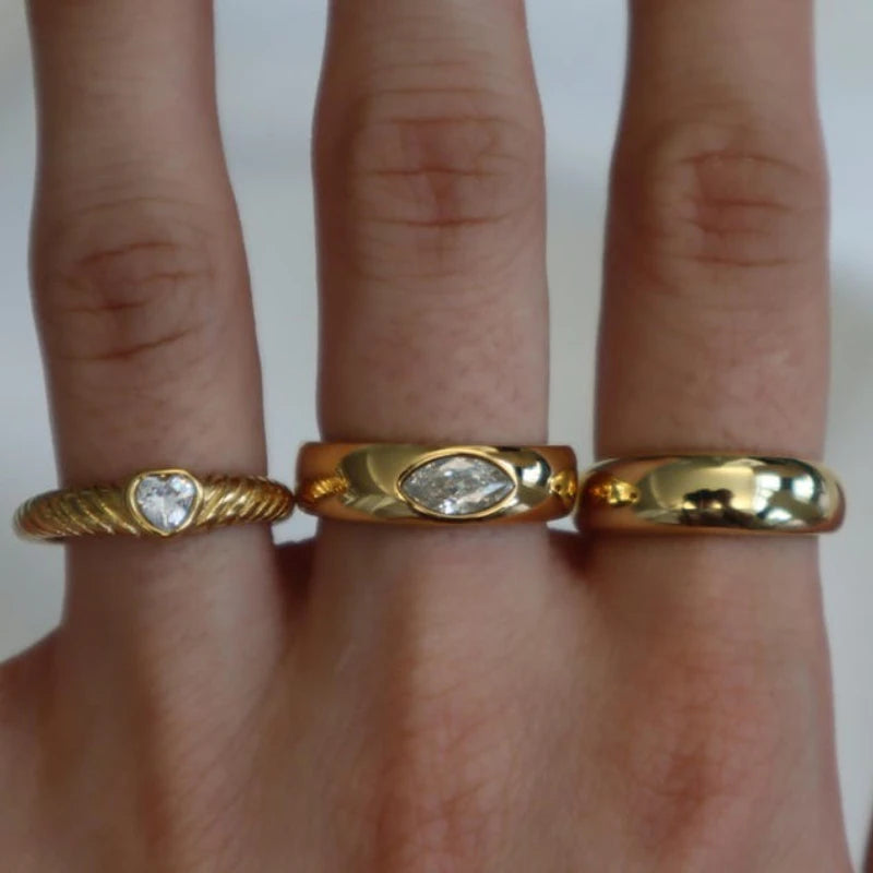 3Pcs Chunky Heart Zirconia Ring, Statement Ring, Dome Ring, Gift for Her, Boho Rings, Stackable Ring, Vintage Style Ring