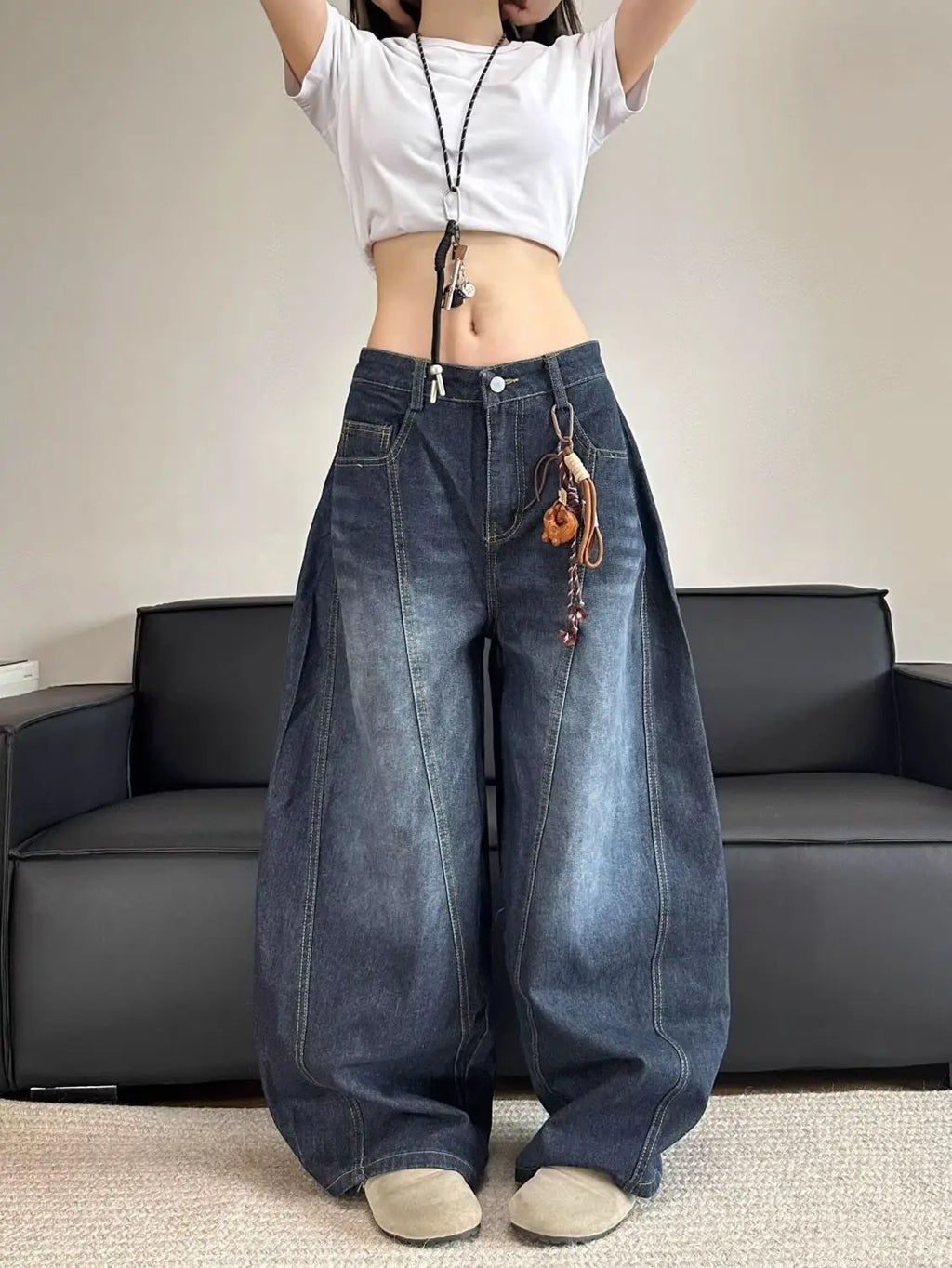 Stylish Chic Elegant Embroidered Patchwork Jeans Women Vintage Washed Draping Denim Straight Loose Fit Slimming Versatile Pants