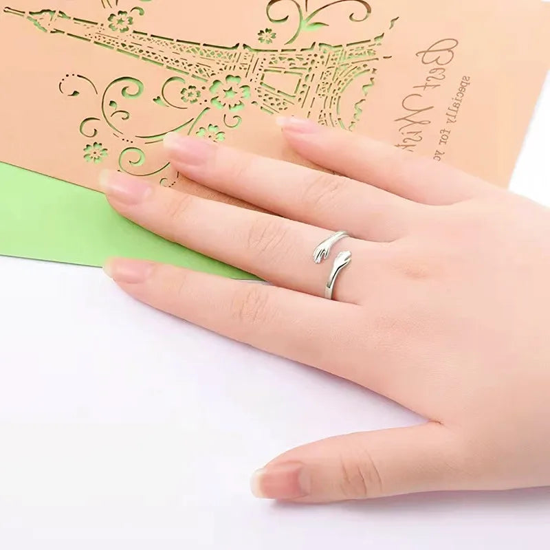 Zinc Alloy Open Mouth Hands Hug Ring Adjustable Love You Forever Lover Ring