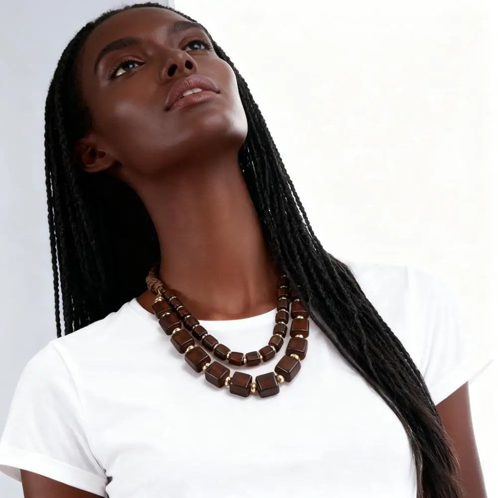 Bohemian Brown Square Bead Multi Layered Necklace Retro Style Gold Alloy Chain Necklace Women Daily Elegant Jewelry